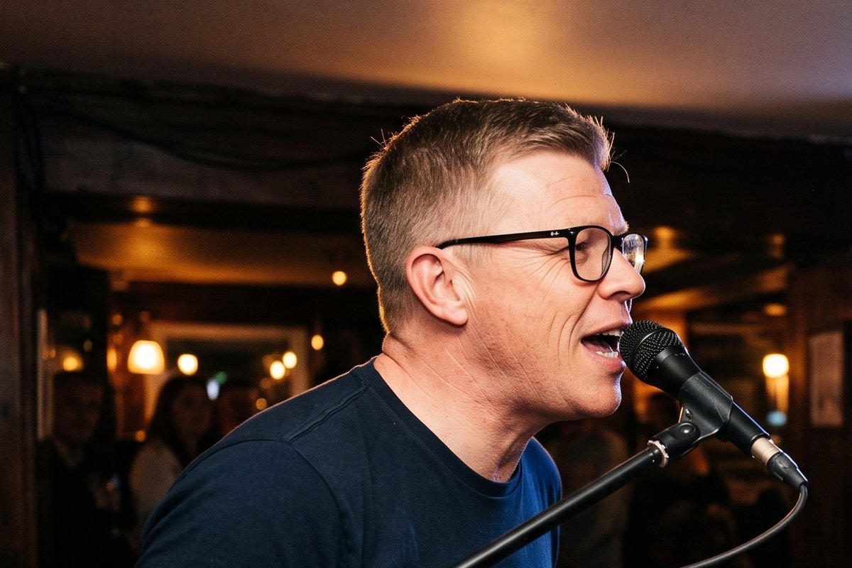 Alistair James singing at the mic